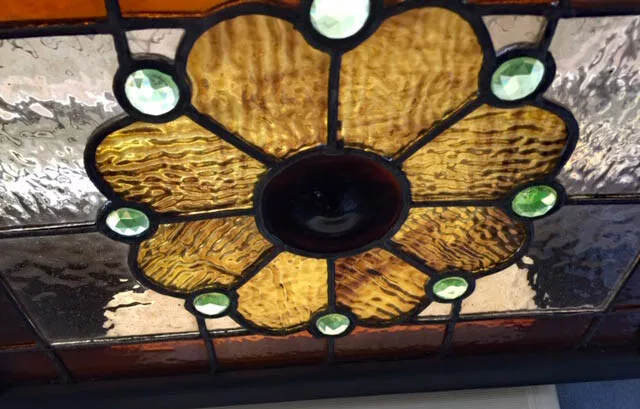 antique Victorian  American STAINED GLASS WINDOW w/ JEWELS & RONDEL