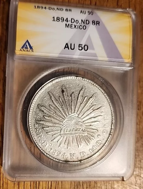 Mexico 1894DoND ANACS AU50  8 Reales Circulated Silver Coin