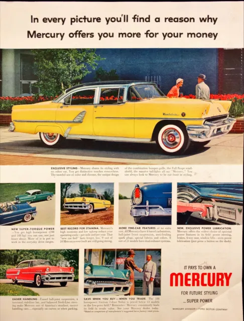 1955 Mercury Automobile Print Ad 2-Door Yellow Sedan Whitewall Tires