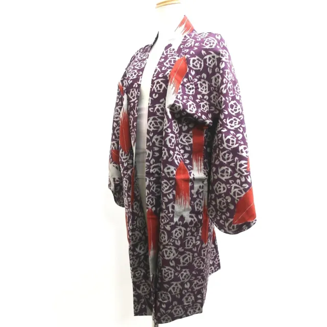 8977C3 Silk Vintage Japanese Kimono Haori Jacket Meisen Yabane Rose