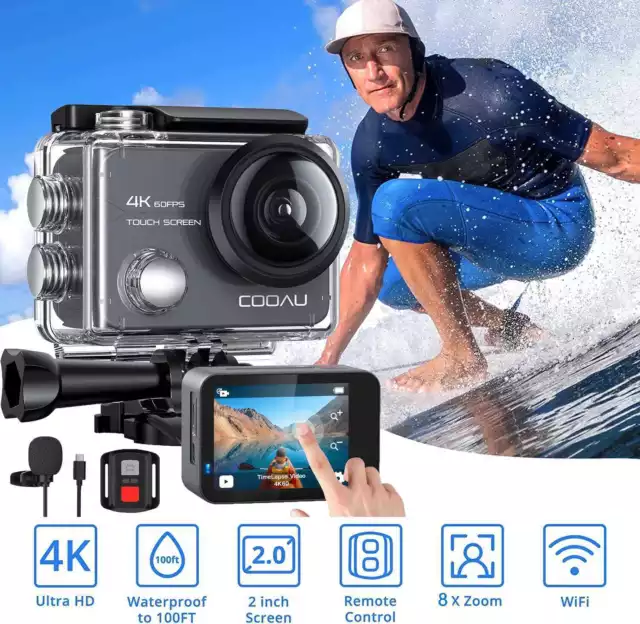 COOAU Action Cam Native 4K 60fps 20MP Touch Screen Wi-Fi videocamera con Zoom 8X