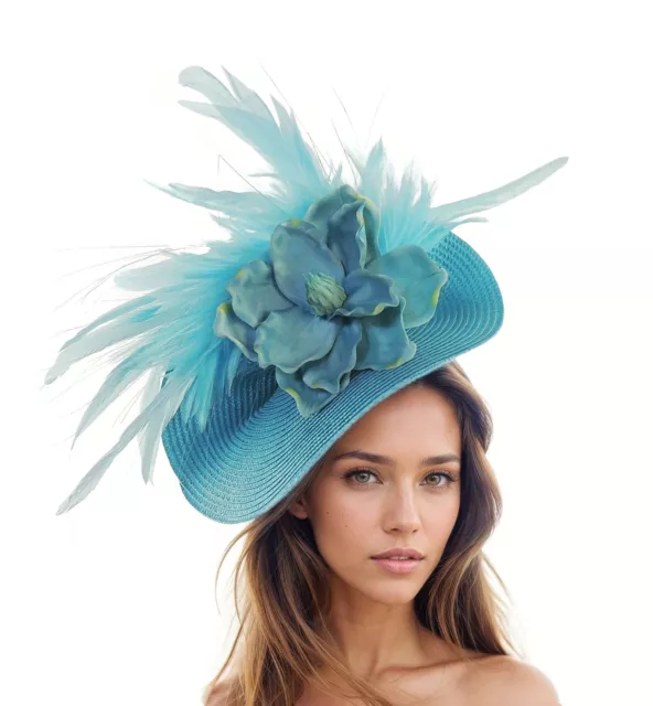 Turquoise Blue Feather Flower Ladies Royal Ascot Fascinator Hat Headband Womens