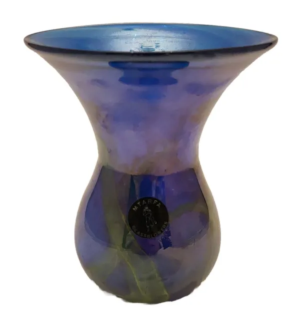 MTARFA Maltese Art Glass Blue & Green Swirl Vase Labeled And Signed
