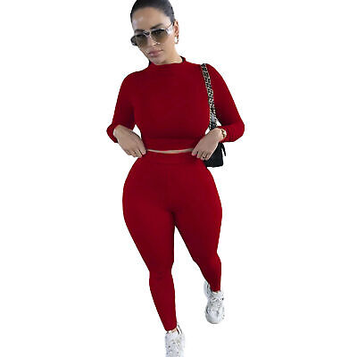 2 Pcs/Set Crop Top Trousers Suit Sexy Waist-exposed Bodycon Long Sleeves Crop