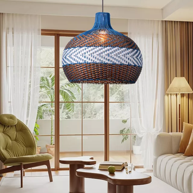 Blue Rattan Pendant Light Wicker Chandelier Handmade Woven Hanging Ceiling Light 2