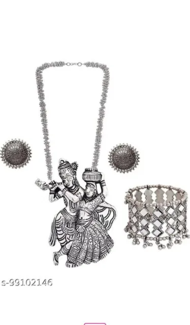 Ethnique Bollywood Argent Oxydé Collier Ras Du Cou Bracelet Ensemble De...