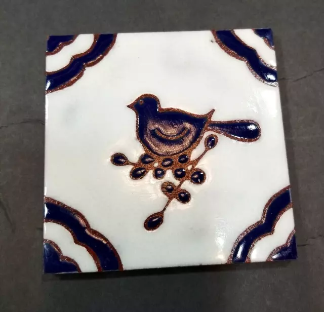 Terra Cotta Glazed Hand Painted Ceramic Tile Blue Bird Trivet 6"