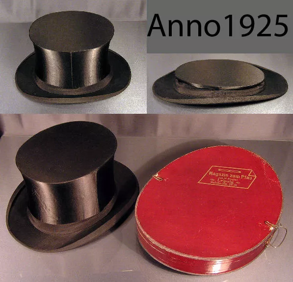 Antiker Chapeau Claque Zylinder von 1925 Seide schwarz Klappzylinder + Hutkarton