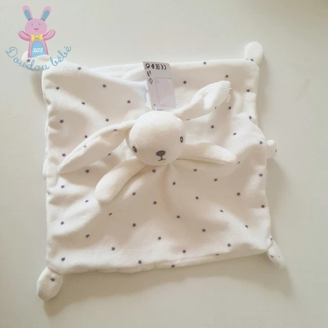 NEUF - Doudou plat Lapin blanc gris étoiles attache tétine SIMBA (6 dispos)