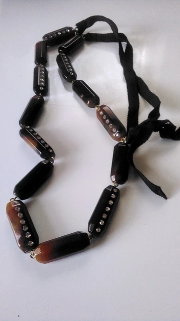 J Crew Rhinestone Lightweight brown with rhinestones Bead Necklace Black Ribbon