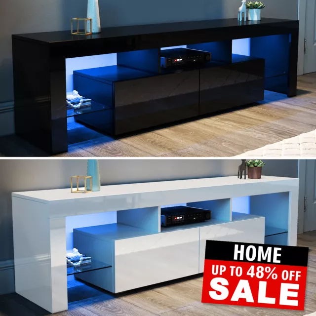TV Stand 160cm High Gloss TV Unit Cabinet Sideboard With LED Light & Drawers