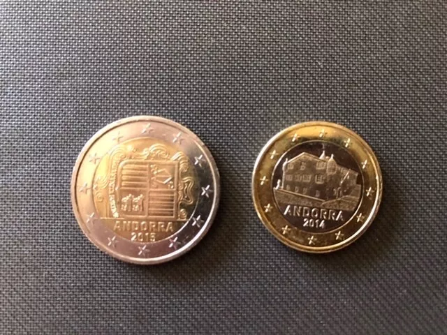 lot de 2 pièces: 2 euros et 1 euro Principauté Andorre TTB (2014 et 2015)