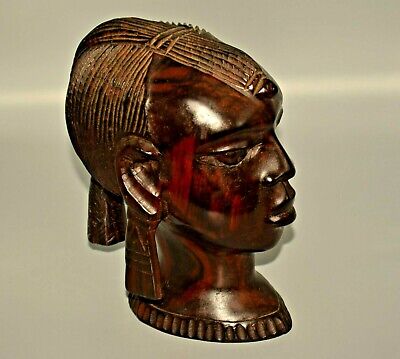 Antique Original Vintage Signed African Ebony Carved Female Bust Nubian Statue