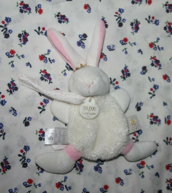 Doudou Et Compagnei Lapin Plat Rose Blanc Fleur Attache Tetine  Dc3510 Neuf