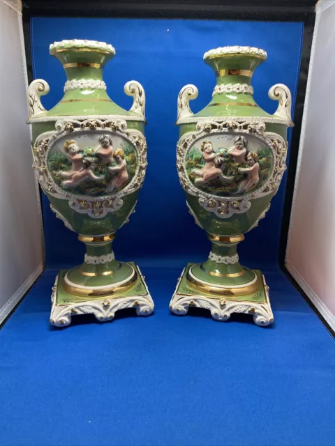 Pair of Vintage Capadimonte 12.25" Hand Painted Urns  Made In Italy Cherubs
