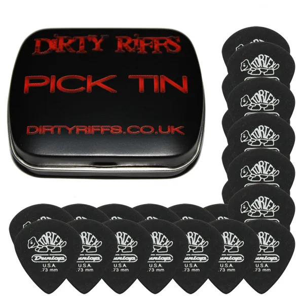 24 x Dunlop Tortex Pitch Black Jazz Guitar Picks - 0.73mm In A Handy Pick Tin