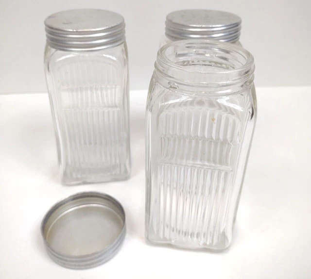 3 Vintage Hoosier Square Spice Glass Jar 4 1/4" Ribbed Pattern Napanee Set 7