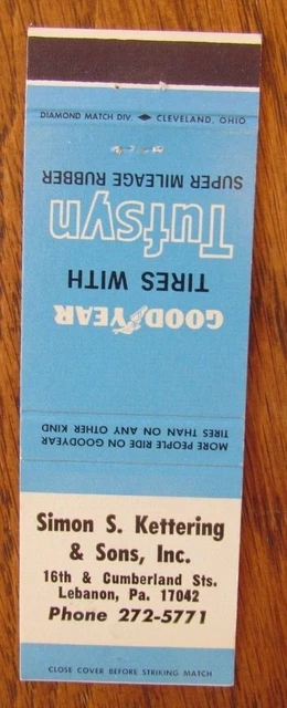 GOODYEAR TIRES MATCHBOOK COVER: SIMON KETTERING LEBANON, PA 1970s MATCHCOVER -D2