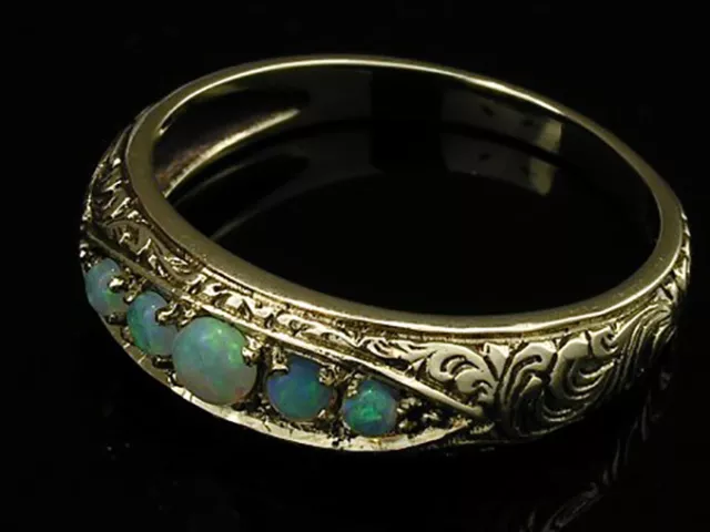 R078- SOLID 9K Gold NATURAL Opal 5-stone Etched ETERNITY Wedding Ring size N 2