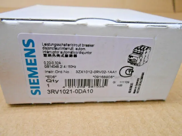 Nib Siemens 3Rv1021-0Da10 3Rv10210Da10 Motor Protector 0.22-0.32 Amp (24 Avail)