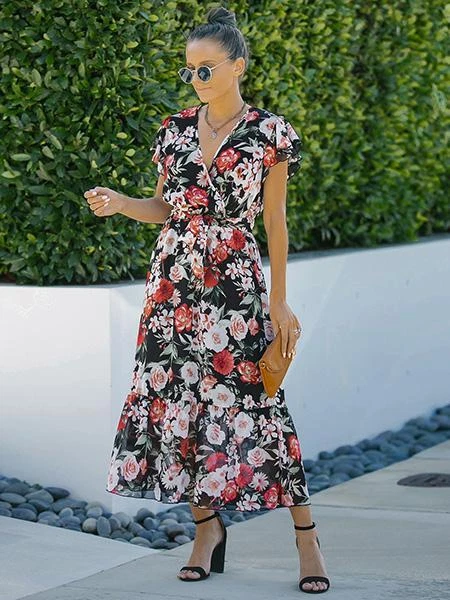 Costume Robe Femme Long sans Manches Cheville Noir Motif à Fleurs Rouge D077
