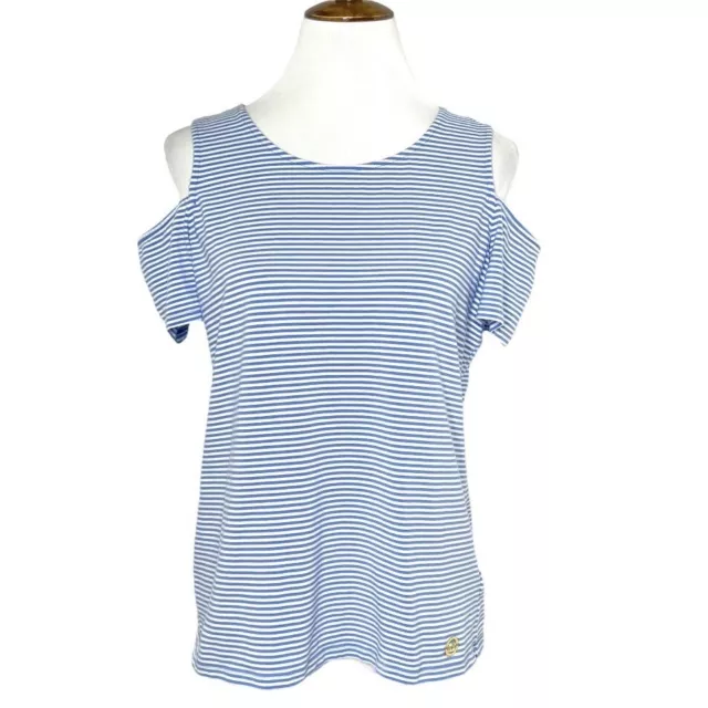 Michael Kors Blue White Stripe Cold Shoulder Short Sleeve Knit Top Logo MK Tee L