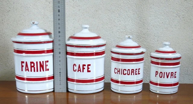 Pot boite a sucre en tole emaillee décor cafetiere emaillee rouge blanc lustucru - Collection