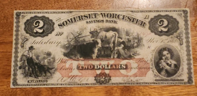 Salisbury Maryland 1862 $2 Somerset & Worcester Savings Bank Obsolete Banknote