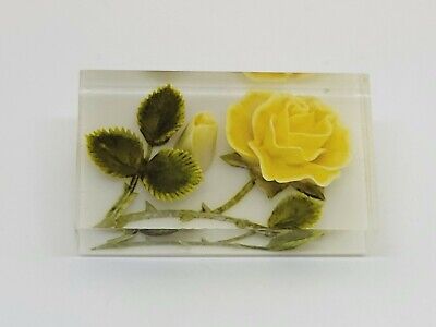 Vintage Clear Lucite Reverse Carved Yellow Rose Flower Brooch Pin