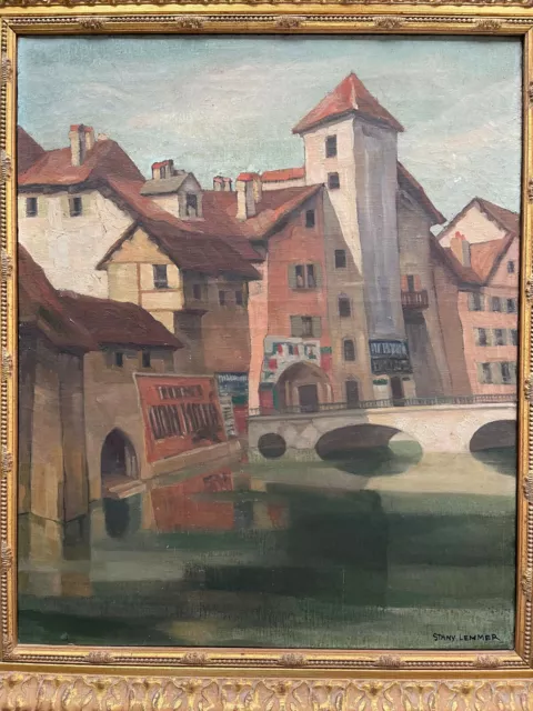 Rare grand tableau signé grande huile sur toile paysage ville Annecy