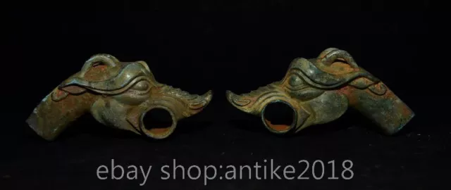 4.8" Ancient Chinese Shang Dynasty Bronze Ware Dragon Head Statue Pair