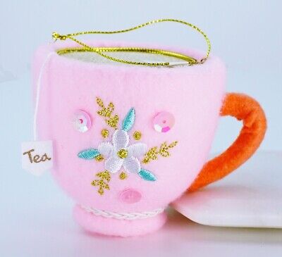 Felt Tea Cup Christmas Ornament Tea Time Pink Embroidered Fuzzy Fabric Cup New