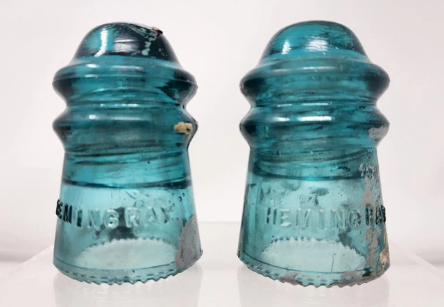 (2) "HEMINGRAY" No. 9  Aqua Blue Glass Insulators Made in USA 1893 Patent