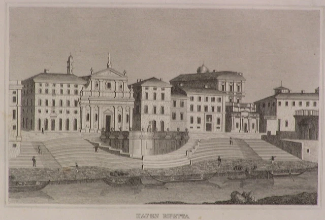 stampa originale del 1834 Porto di Ripetta Roma passepartout cm 25x30