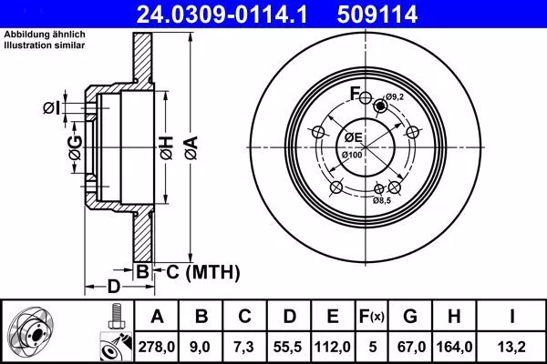 2x ATE Bremsscheibe 24.0309-0114.1 für MERCEDES-BENZ