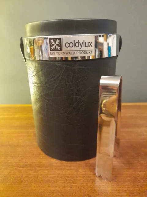 Vintage Coldylux Ice Bucket , Retro Black Faux Leather & Tongs German Mcm