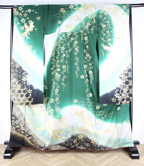 Furisode Japanese Kimono Kimono phoenix embroidery and gold thread Long Sleeves