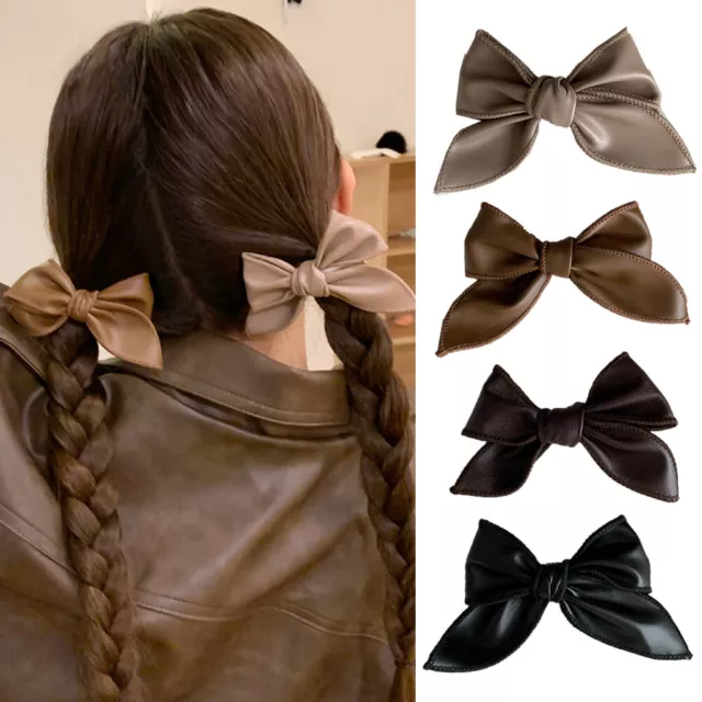 Épingle À Cheveux En Simili Cuir Avec Nœud Papillon Couleur Unie Clip En Bec R