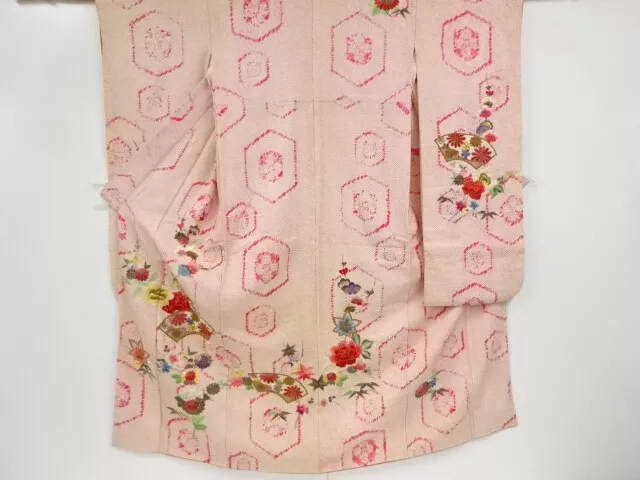49834# Japanese Kimono / Antique Furisode / All Shibori / Embroidery / Floral Pl