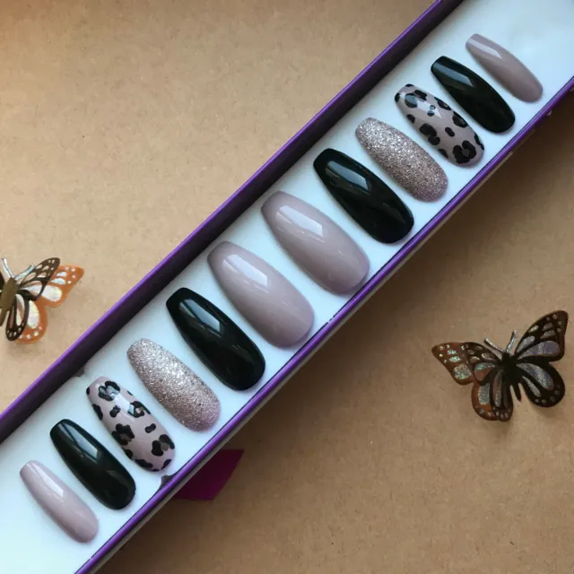 Hand Painted False Nails XL Coffin (or any shape) Black Nude Leopard Champagne