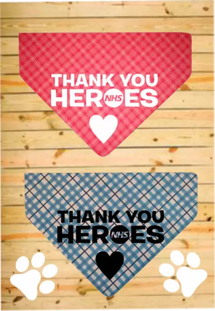 Thank You NHS Heroes Pink or Blue Check Printed Dog Bandana 3 Sizes Charity