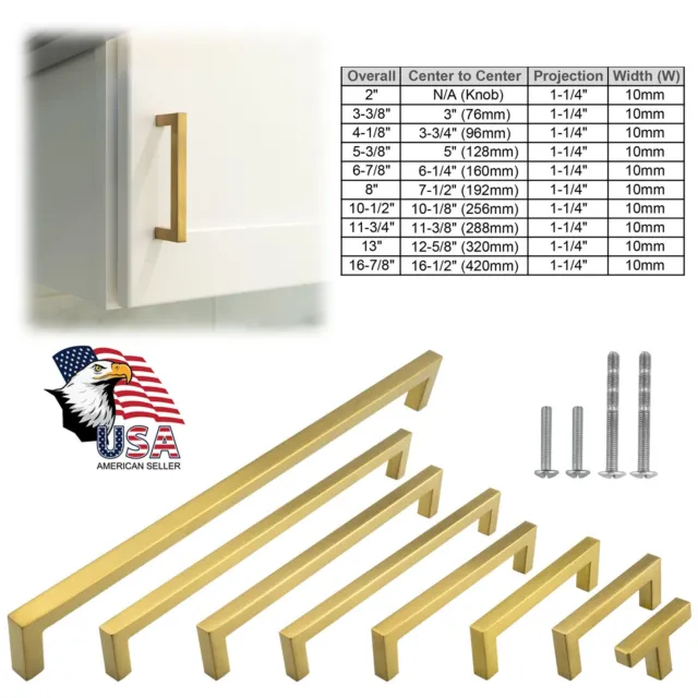 Brushed Gold Kitchen Square Cabinet Handles Drawers Pulls Knobs Stainless Steel