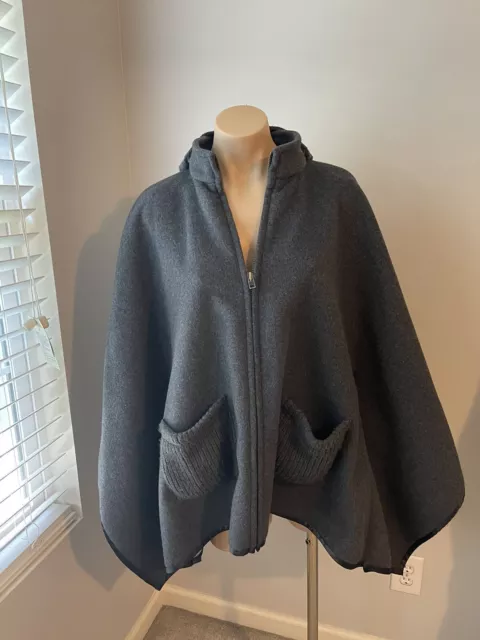 EXC  Lands' End Hooded Wool Blend Poncho Cape Jacket Coat Gray Size XS S