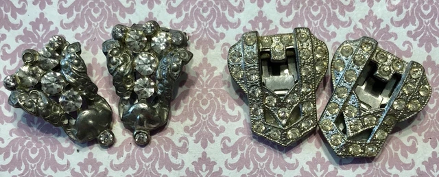 Vintage Art Deco Rhinestone Pot Metal Petite 1” Shoe Dress Clips 2 Pr
