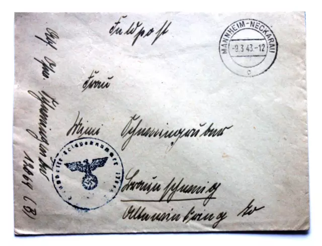 Feldpostbrief 1943 Heers Küsten Art. Abt. 799 Kanalküste, Stpl Mannheim Neckarau