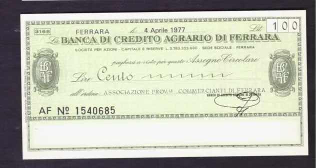 Miniassegno Banca Credito Agrario di Ferrara Ass. Commercianti 100 L 4-4-1977