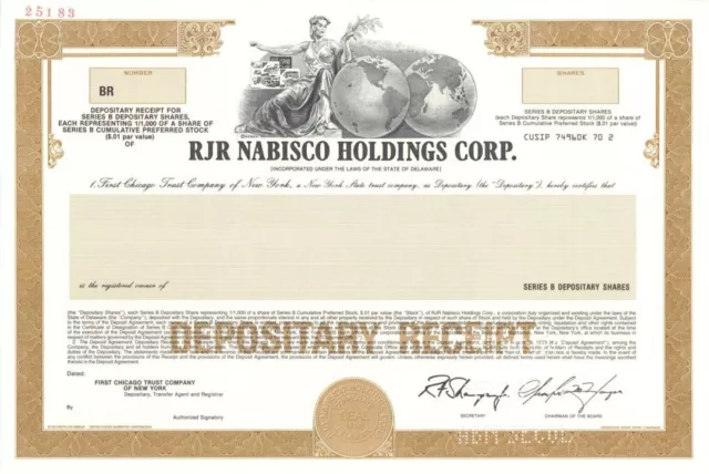 RJR Nabisco Holdings Corp. - 1988 dated Specimen Stock Certificate - Specimen St