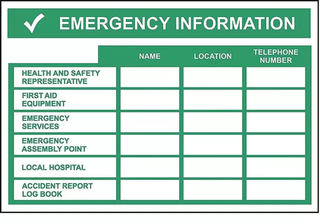 First aid signs Health and safety contact number chart safety sign