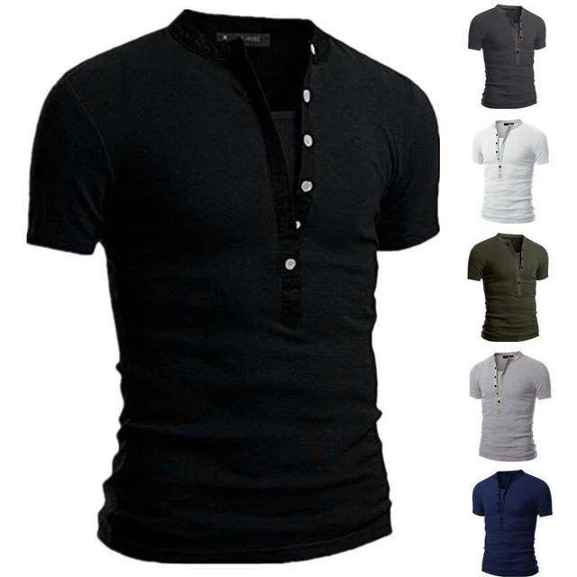Uomo Casual Slim Scollo V T-Shirt Muscolo Tee Top Bottoni Manica Corta Blusa UK