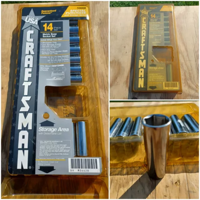 Vintage CRAFTSMAN 3/8" & 1/4" Dr DEEP METRIC 14pc Socket Set -G- Ser 6pt 34428